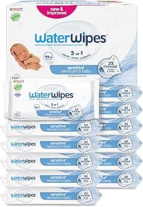 WaterWipes Sensitive+ Newborn & Baby Wipes, 720 Count (12 Packs), 3-In-1 Cleans, Cares, Protects, 99.9% Water, Unscented
