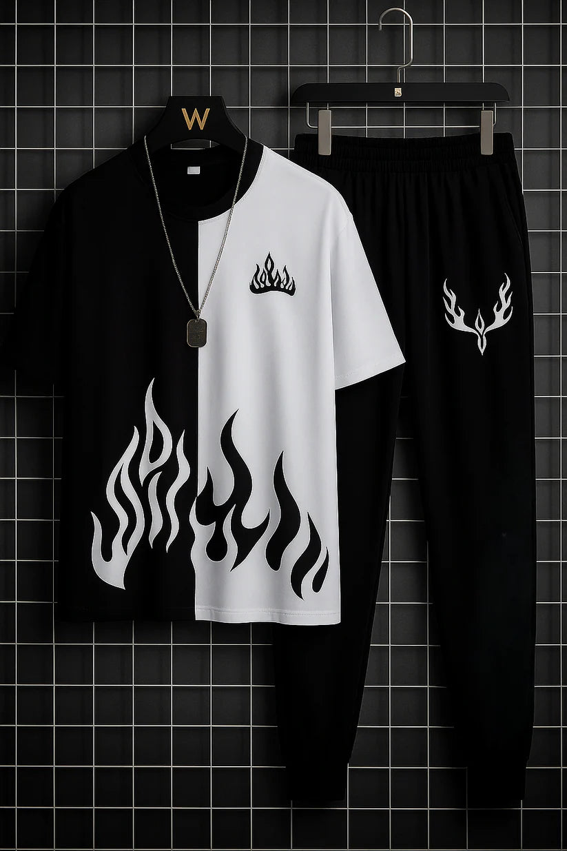 Mens 2pc  Micro Plain Premium Fire Printed Tracksuit (TROUSER+SHIRT)
