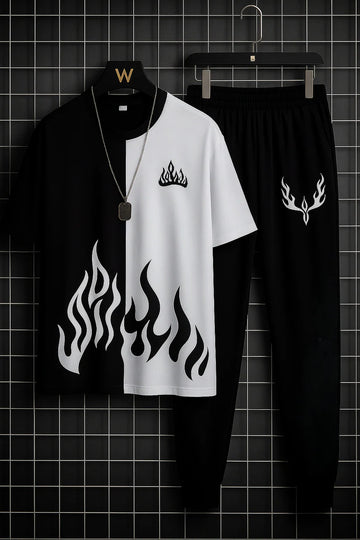 Mens 2pc  Micro Plain Premium Fire Printed Tracksuit (TROUSER+SHIRT)