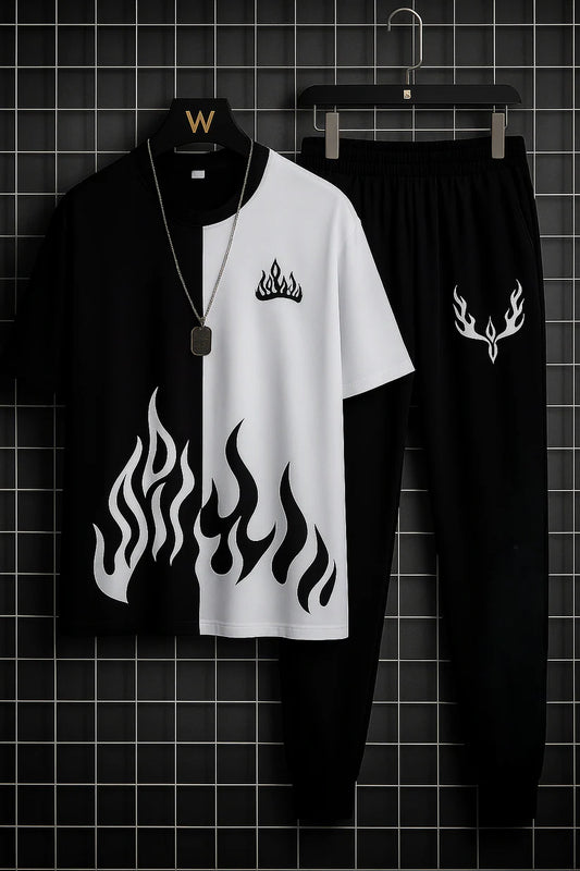 Mens 2pc  Micro Plain Premium Fire Printed Tracksuit (TROUSER+SHIRT)